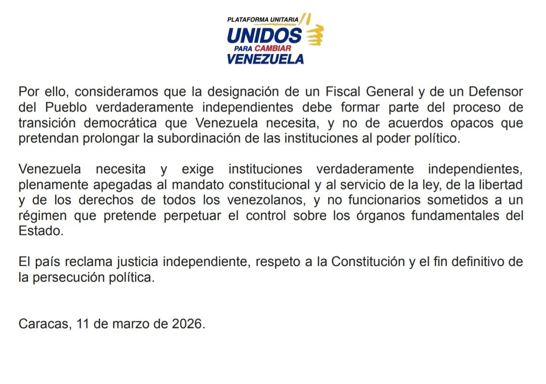 No más reparto de cuotas de poder: Venezuela exige justicia independiente. 

Posición de la Plataforma Unitaria con ocasión del proceso en curso para la escogencia del Fiscal General de la República y el Defensor del Pueblo. #Comunicado