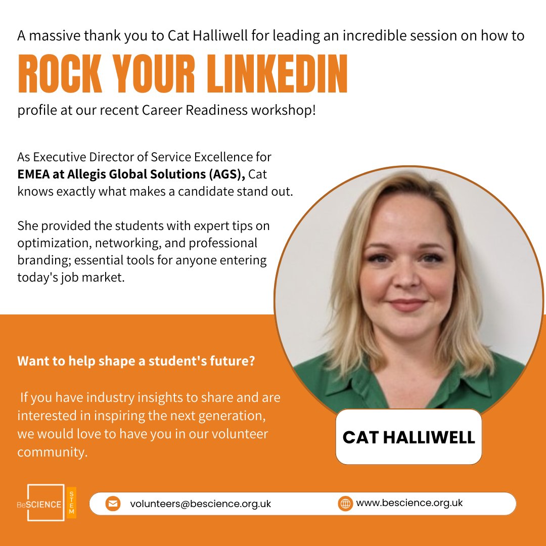 Huge thanks to Cat Halliwell from Allegis Global Solutions for an incredible "Rock your LinkedIn" session at our latest Career Readiness workshop! 

Join our volunteer community!
📩 volunteers@bescience.org.uk
🌐 bescience.org.uk

#BeScience #STEM #CareerReadiness