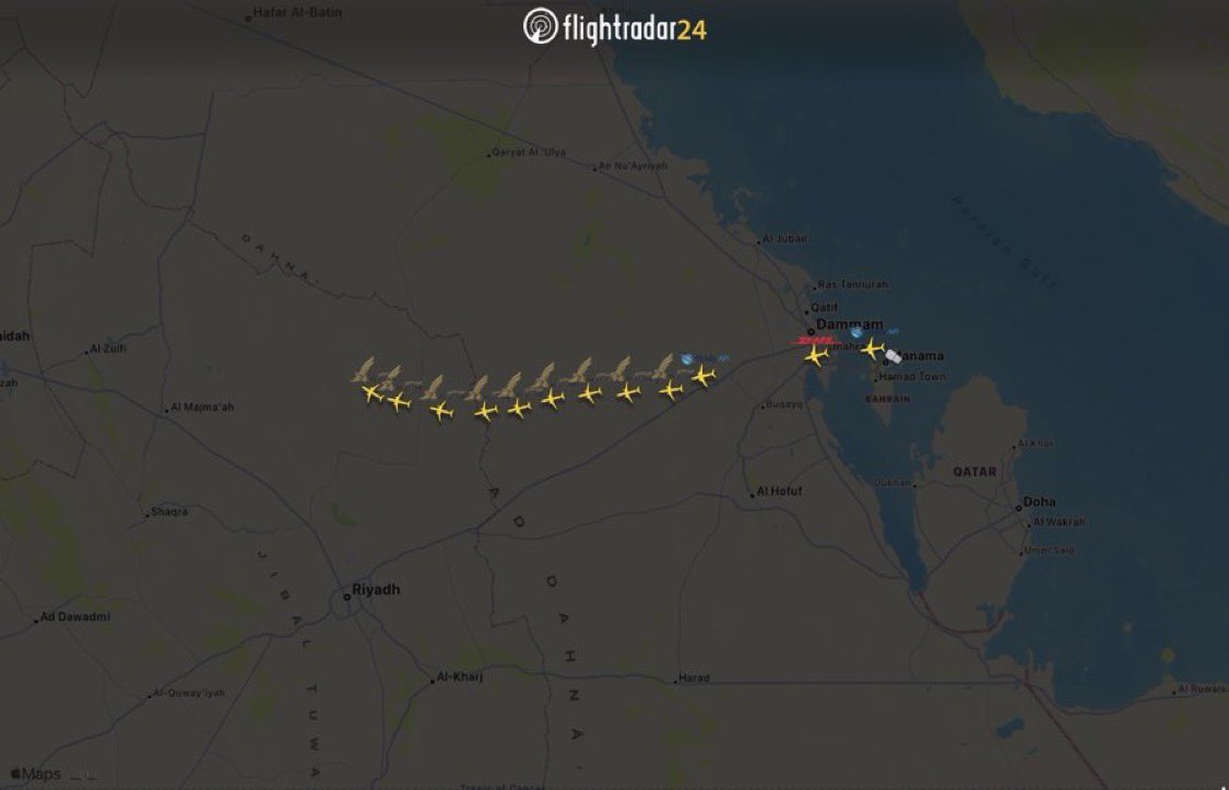 According to OSINT analysis, Bahrain is running out of air defense interceptors to effectively protect its airport, used by the US as a military base for its navy AND used as a civilian cover to launch surface-to-surface missiles towards Iran.

Therefore, Bahrain is evacuating