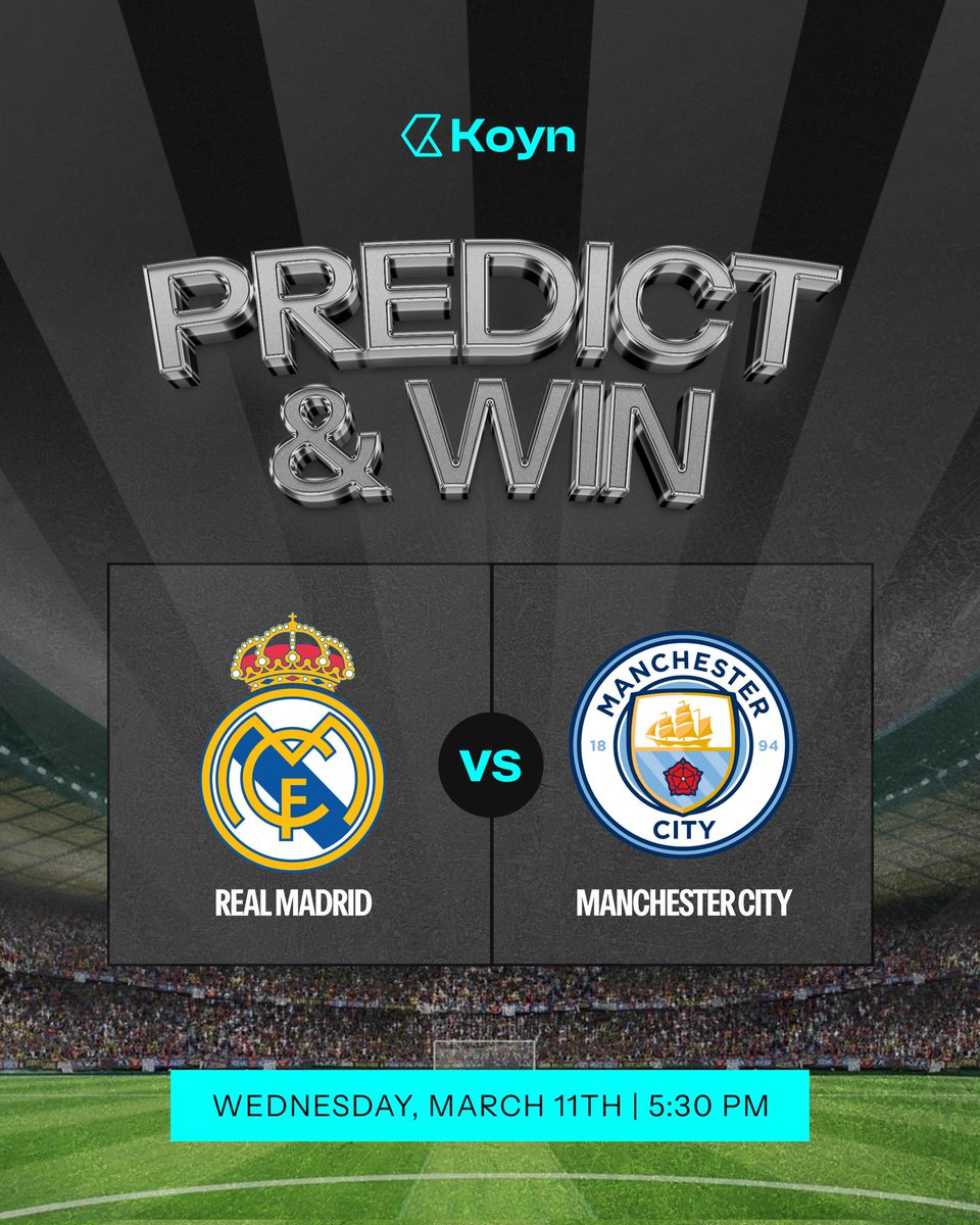 🚨PREDICT &amp; WIN 🚨

⚽ Real Madrid Vs Manchester City. 

Will randomly select 5 correct predictions to win ₦2,000 each!

Rules: 
• Follow <a href="/usekoyn/">Koyn</a>
• Repost  Pinned Tweet. 
• Drop prediction score in the comment of this post 👇

#UCL