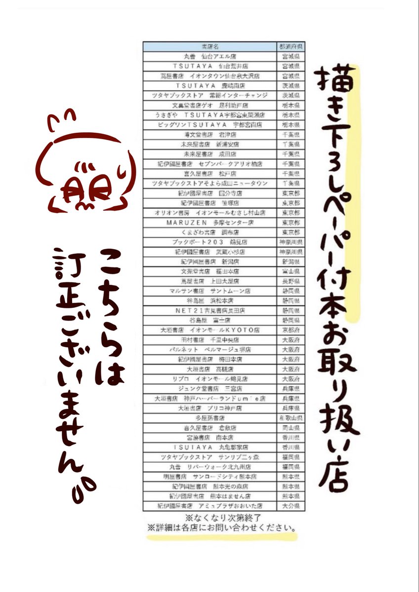 BiwaAmazake's tweet image. 【お詫び】昨日投稿した「サイン本取り扱い書店」のリストに販売店でない書店さんが含まれておりました💦🙏
訂正リストはこちらになります。
足を運んでくださった方、大変申し訳ございません・・・！！