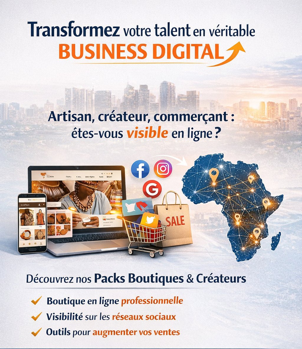 Passez du commerce local à une marque visible partout.

📲 Découvrez les packs : africa-diligence.com

#EntrepreneursAfricains #Artisans #Créateurs #EcommerceAfrique #DigitalBusiness #AfricaDiligence #VendreEnLigne