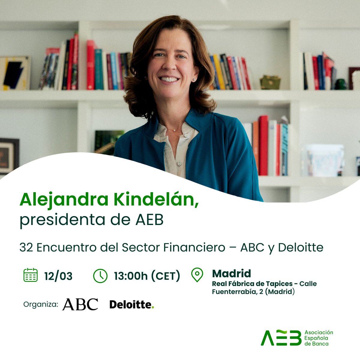 Aebanca's tweet photo. ¿Cómo contribuye la financiación bancaria al progreso de la sociedad? Alejandra Kindelán conversará con Antonio Romero (@sectorceca), @MIllueca (@ICOgob) y @PabloZalba (@Deloitte_es) en el #EncuentroFinanciero de @abc_es y @Deloitte_es.

🗓️12/03 - 13h
🖇️https://t.co/0NdzP7FSwu https://t.co/Za1ETSpWOA