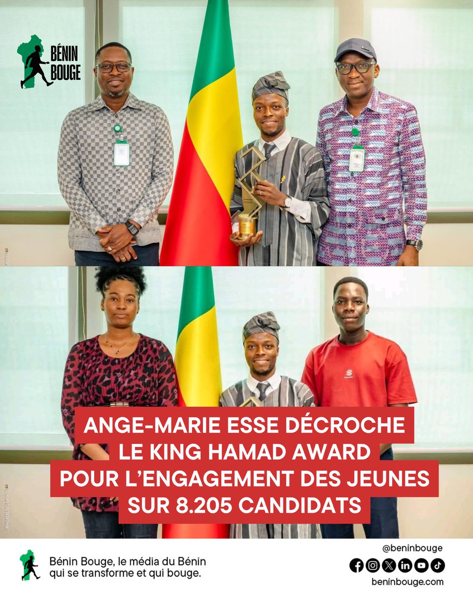 BeninBouge's tweet photo. 🇧🇯 𝗟𝗲 𝗕𝗲́𝗻𝗶𝗻 𝘀𝘂𝗿 𝗹𝗲 𝗽𝗼𝗱𝗶𝘂𝗺 𝗺𝗼𝗻𝗱𝗶𝗮𝗹 𝗱𝗲𝘀 𝗶𝗻𝗶𝘁𝗶𝗮𝘁𝗶𝘃𝗲𝘀 𝗽𝗼𝘂𝗿 𝗹𝗲 𝗱𝗲́𝘃𝗲𝗹𝗼𝗽𝗽𝗲𝗺𝗲𝗻𝘁 𝗱𝘂𝗿𝗮𝗯𝗹𝗲 𝗮𝘃𝗲𝗰 𝗔𝗻𝗴𝗲‑𝗠𝗮𝗿𝗶𝗲 𝗡𝗶𝗰𝗼𝗱𝗲̀𝗺𝗲 𝗘𝗦𝗦𝗘 

Le Béninois Ange‑Marie Nicodème ESSE a remporté le King Hamad Award for Youth Empowerment to Achieve the Sustainable Development Goals, une distinction internationale qui récompense les initiatives contribuant aux Objectifs de Développement Durable.

Sur 8 205 candidatures soumises dans le monde, 18 finalistes ont été retenus. L’initiative portée par Health Access Initiative a finalement été désignée lauréate dans la catégorie Youth Action – Peace Award.

La cérémonie de remise du prix s’est tenue le 15 février 2026 au Royaume de Bahreïn.

Avec cette distinction, le Bénin devient le premier pays francophone à recevoir ce prix, représenté par Ange-Marie Nicodème Esse au nom de la jeunesse africaine.

#BeninBouge