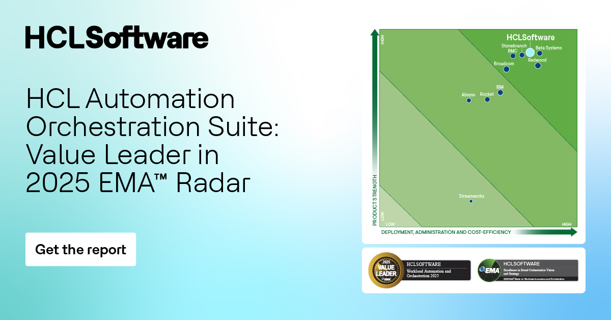 hclautomation's tweet photo. HCL Automation Orchestration Suite is named a Value Leader in the 2025 #EMA™ Radar for #WorkloadAutomation &amp; #Orchestration and recognized for Excellence in Broad Orchestration Vision &amp; Strategy.
Discover why we're setting the standard: https://t.co/535XGacGI9

#HCLSoftware https://t.co/N1lXN4VK4s