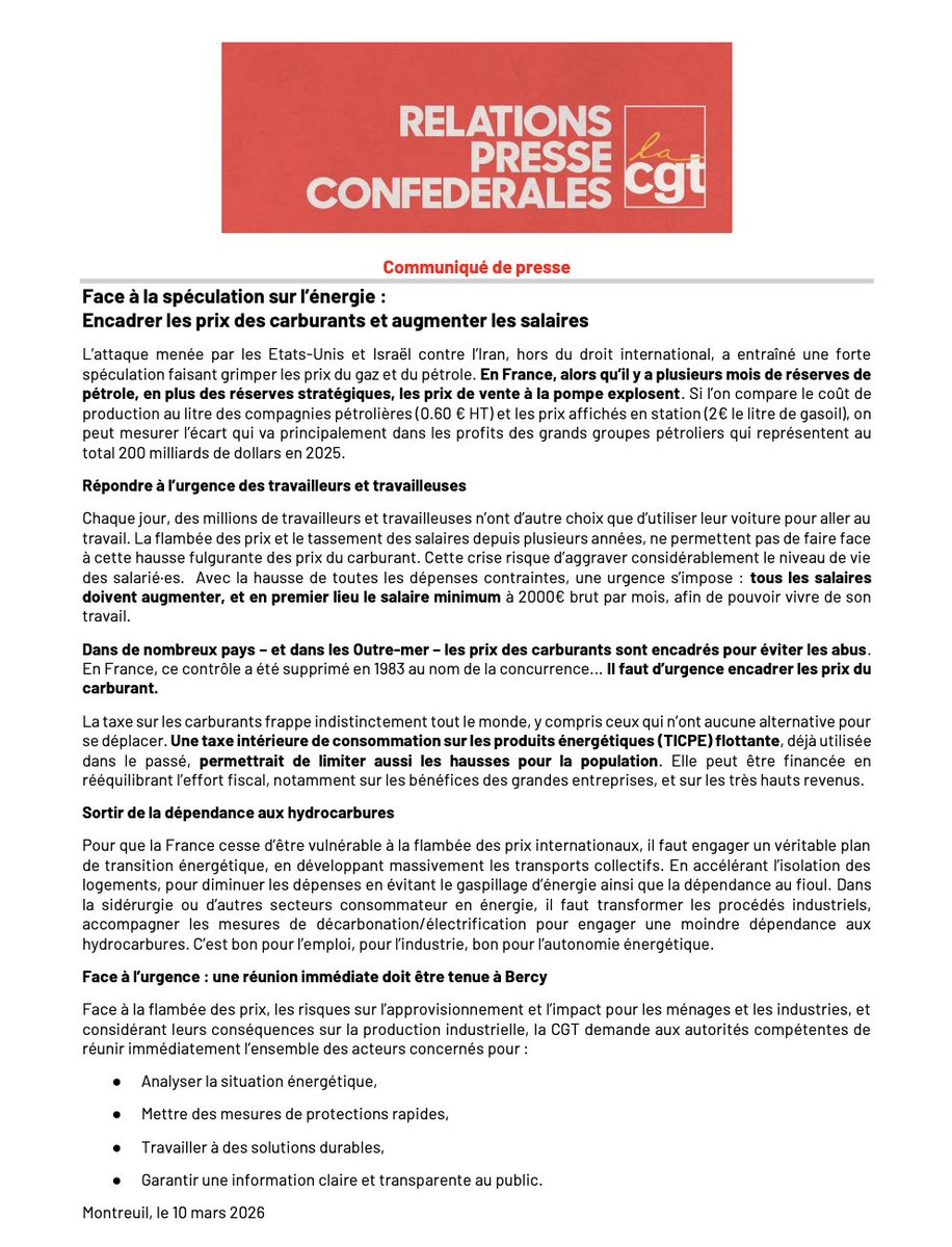 🔴 En France, alors qu’il y a plusieurs mois de réserves de pétrole, en plus des réserves stratégiques, les prix de vente à la pompe explosent.

Face à la flambée des prix, les risques sur l’approvisionnement et l’impact pour les ménages et les industries, et considérant leurs