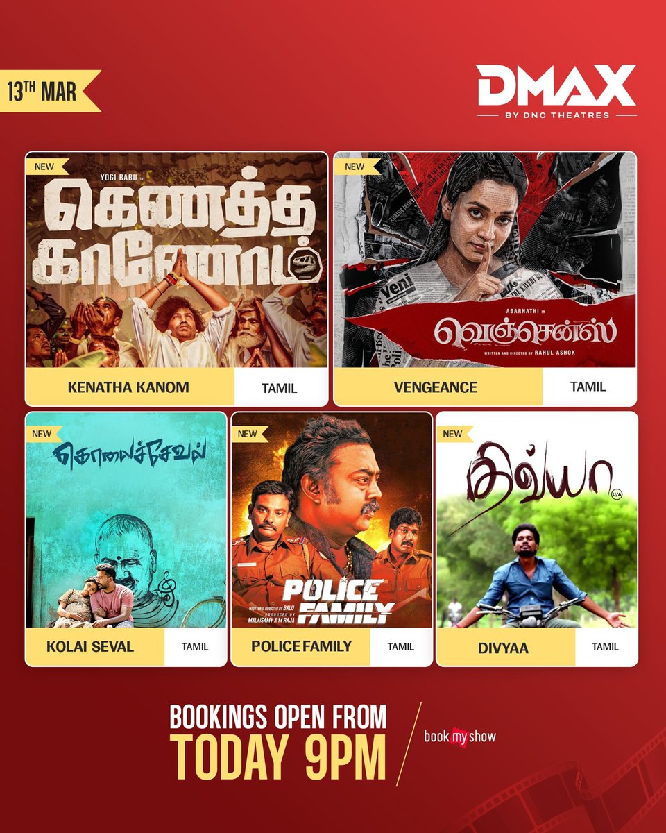 dnctheatresoffl's tweet photo. Weekend Blockbuster bookings open today at 9 PM at #DNCTheatres
Book your tickets on #BookMyShow
#KenathaKanom #Vengeance #KolaiSeval #Anthony #PoliceFamily #Divyaa #Vadam #MustafaMustafa #KadhalResetRepeat #ThaaiKizhavi #Hoppers https://t.co/OCwaLRd7oa
