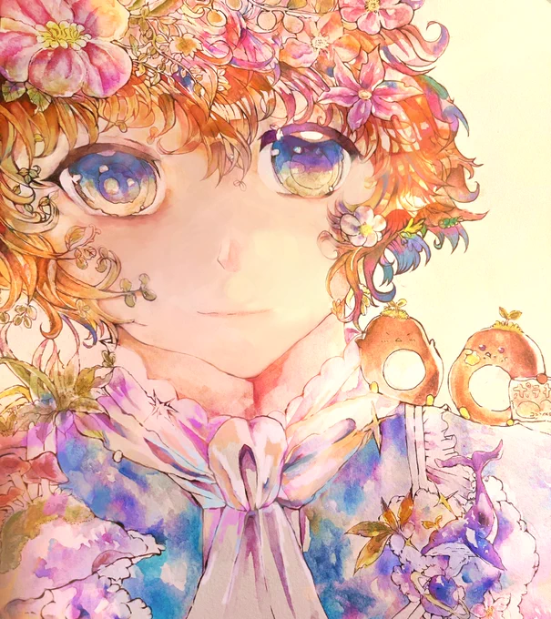 花の妖精の季節 春の花をまとった少女を 水彩で描きました。 小さなおまめも一緒です。  #イラスト #創作