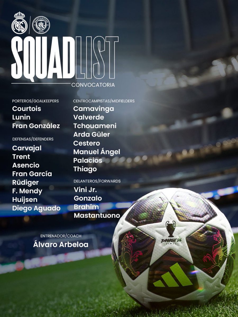 🚨 OFFICIEL ! 𝗟𝗘 𝗚𝗥𝗢𝗨𝗣𝗘 𝗗𝗨 𝗥𝗘𝗔𝗟 𝗠𝗔𝗗𝗥𝗜𝗗 𝗣𝗢𝗨𝗥 𝗔𝗙𝗙𝗥𝗢𝗡𝗧𝗘𝗥 𝗠𝗔𝗡𝗖𝗛𝗘𝗦𝗧𝗘𝗥 𝗖𝗜𝗧𝗬 ! ⭐️🤍

❌ Mbappé
❌ Militao
❌ Carreras
❌ Ceballos
❌ Bellingham
❌ Rodrygo
❌ Alaba

📸 <a href="/realmadrid/">Real Madrid C.F.</a>