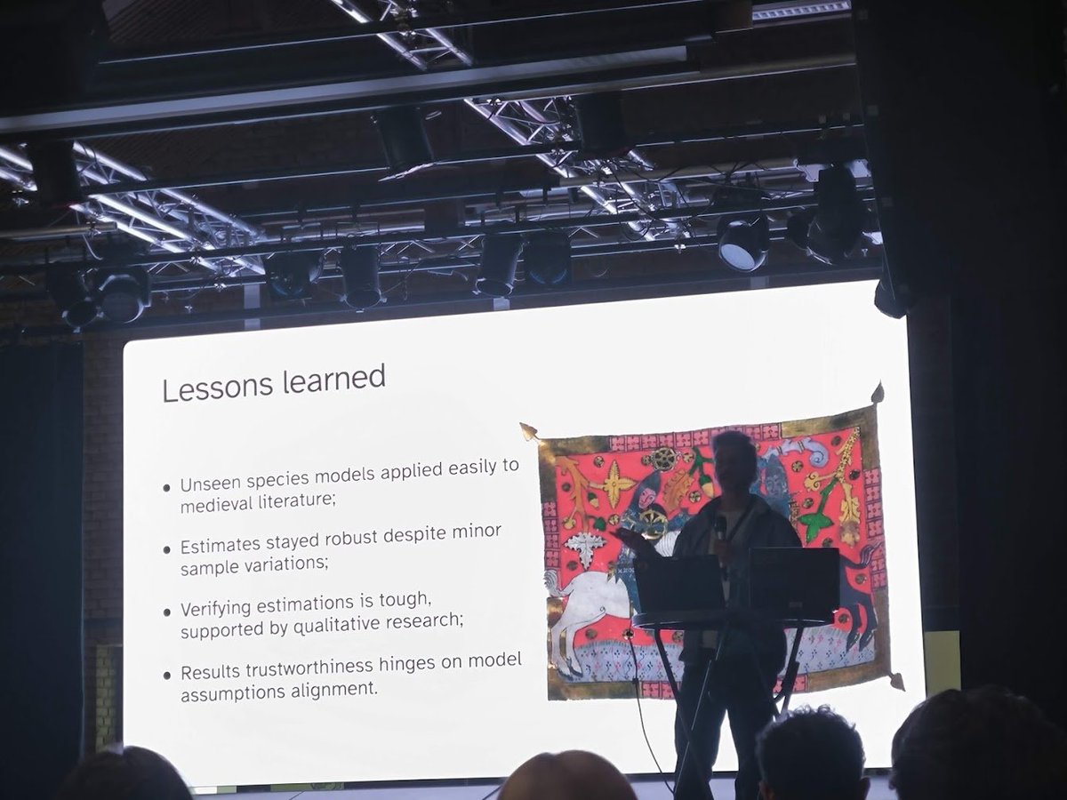 AndresKarjus's tweet image. #DHNB2026 Digital Humanities in the Nordics and Baltics conference starts in Aarhus, Denmark; intro from local organizers + first plenary by @FolgertK &amp;amp; @Mike_Kestemont  on using the unseen species model for several interesting historical case studies.
#DHNB #DH