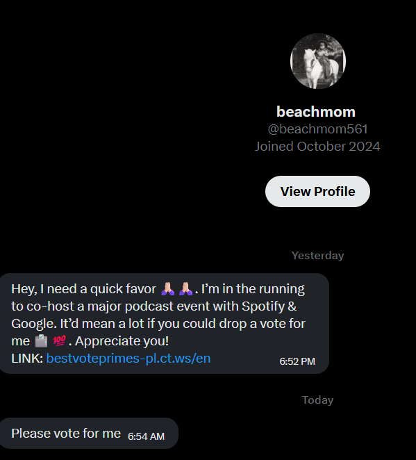 unquirer's tweet image. #Maine #MEpolitics
Lots of Maine accounts on X are getting hacked this way.  They will send a link and say "please vote for me". 

Do not click the link.  I've been messaged by multiple accounts that USED to be legit accounts - but are now controlled by someone else.