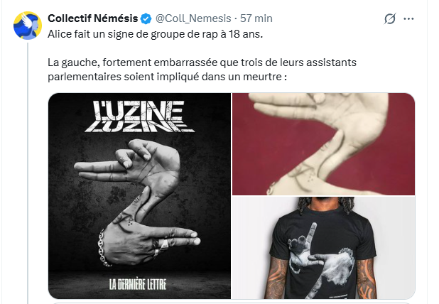 Un_Bon_Mot's tweet photo. @CordierAlice2 @Portes_Thomas "Alice fait un signe de groupe de rap à 18 ans" nous dit le collectif #némésis. Sauf que #AliceCordier avait 18 ans en 2016, "La dernière lettre" de l'Uzine date de 2021 et le collectif de streamers AMP (t-shirts) a été fondé en 2019. Ça bégaye fort chez les nazies. 🥸 https://t.co/bLaolJprtT