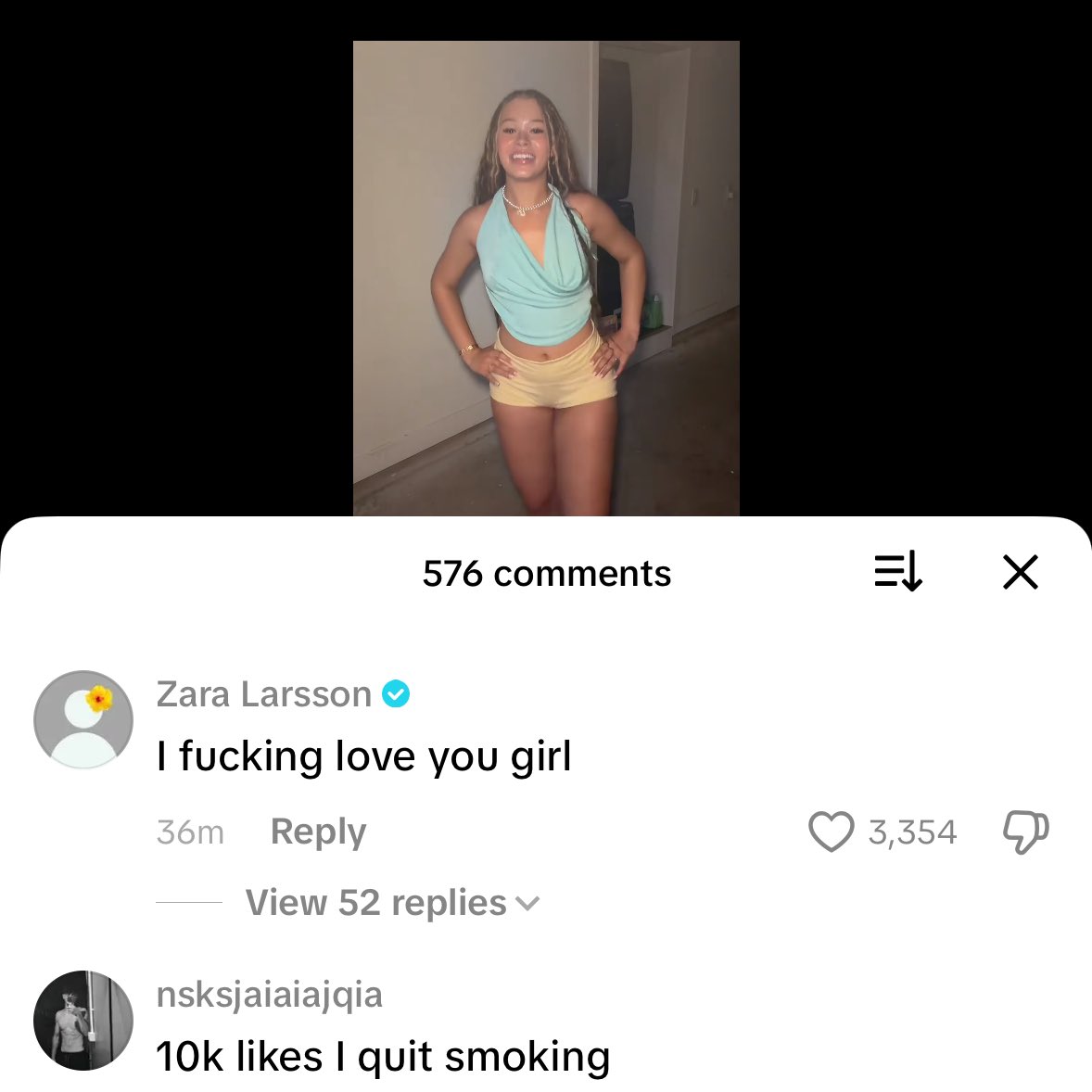 SoftJJk's tweet photo. Omg Zara Larsson reposted and commented under yonna’s dance video 😭 https://t.co/l82KSaQhFs