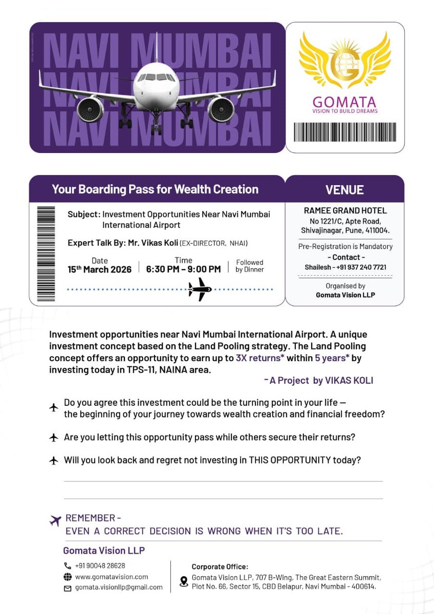 Sangli_Siff's tweet photo. 🏗️ Pune Investor Meet – Gomata Vision LLP

Your Boarding Pass to Wealth Creation !

Own a 2BHK near Navi Mumbai International Airport for approx. ₹39.7 lakh through our Builder–Buyer Joint Venture Model in the fast-growing NAINA region. https://t.co/5g3cv3eQGC