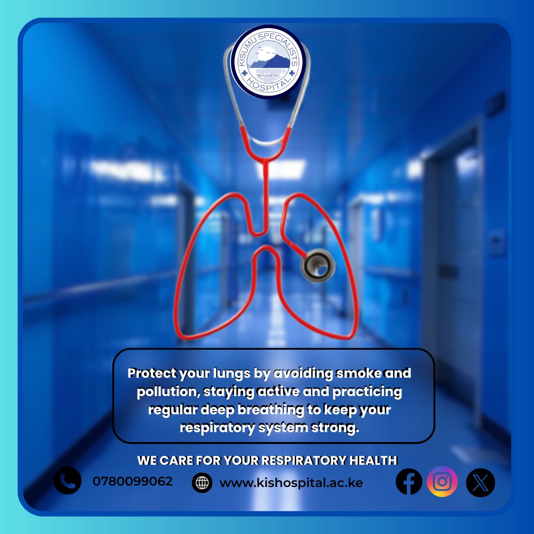 Your lungs work hard for you every day. Take care of them by avoiding smoke and pollution, staying active and practicing deep breathing. 
We are committed to protecting and supporting your  health.
Contact us on 0780 099 062 to book your appointment.

#KisumuSpecialistsHospital