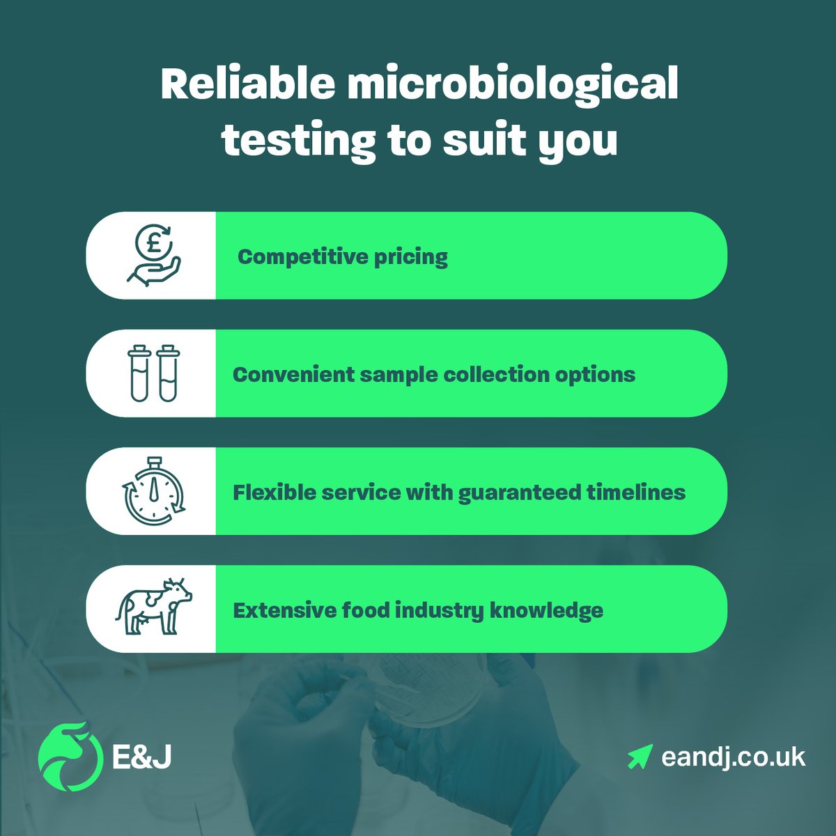 We support businesses with microbiological testing of food and drink, offering a fast and flexible service nationwide. 

Find out more: eandj.co.uk/microbiologica…

#MicrobiologicalTesting #LaboratoryTesting