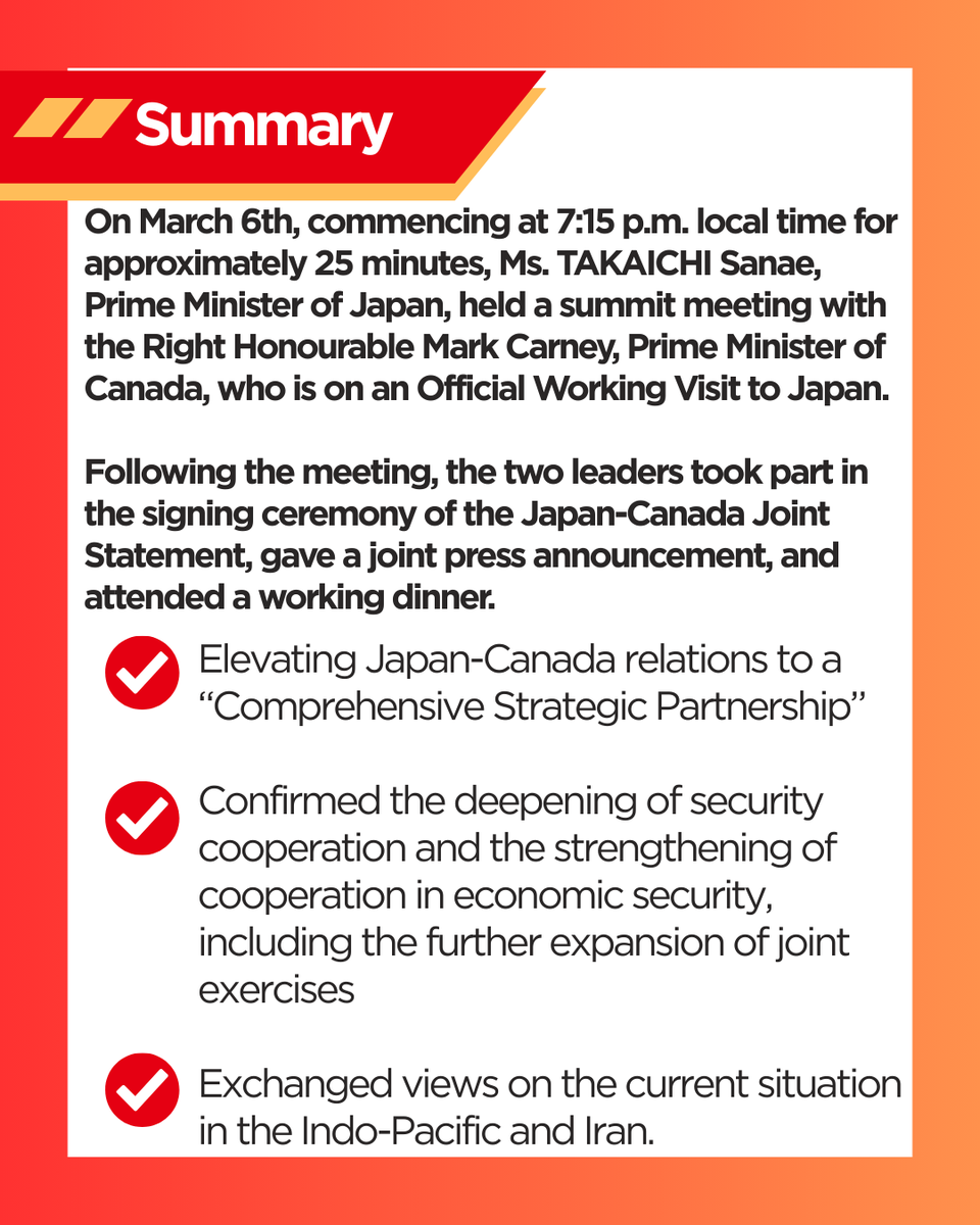 MofaJapan_en's tweet photo. On March 6, PM TAKAICHI held a summit meeting with the Rt. Hon. Mark CARNEY, Prime Minister of Canada, who was on an Official Working Visit to Japan. Following the meeting, the two leaders took part in the signing ceremony of the Japan-Canada Joint Statement, gave a joint press announcement, and attended a working dinner.
Amid the rapid changes in the international situations, Canada is a reliable like-minded partner that shares fundamental values and principles such as freedom, democracy, and the rule of law and plays a vital role in promoting a Free and Open Indo-Pacific (FOIP).
The two leaders concurred on elevating Japan-Canada relations to a “Comprehensive Strategic Partnership.”
#Canada 
(Photo: Cabinet Public Affairs Office)