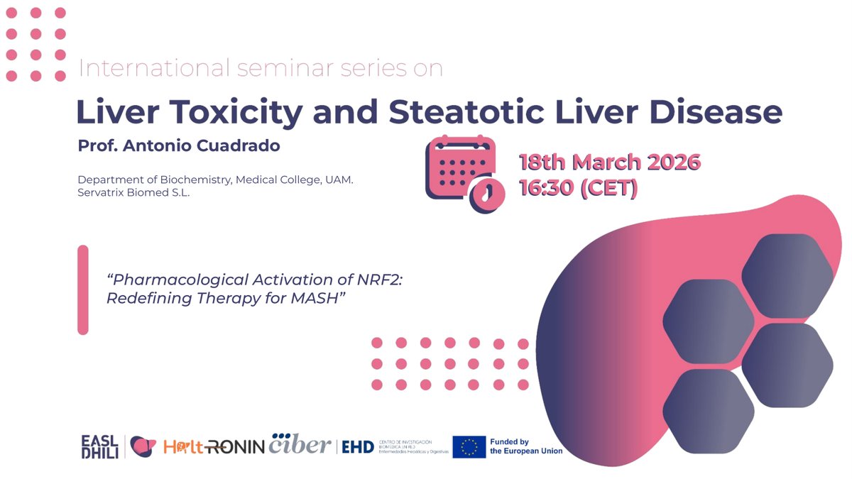🆕International Seminar
🗓️ See you on March 18 at 4.30 pm (CET)!  
🗣️@AntonioCuadrado Pharmacological Activation of NRF2: Redefining Therapy for MASH  #internationalseminarseriesonlivertoxicityandsteatoticliverdisease 
REGISTRATION AT THIS LINK us06web.zoom.us/meeting/regist…
<a href="/easldhili/">EASLDHILIconsortium</a>