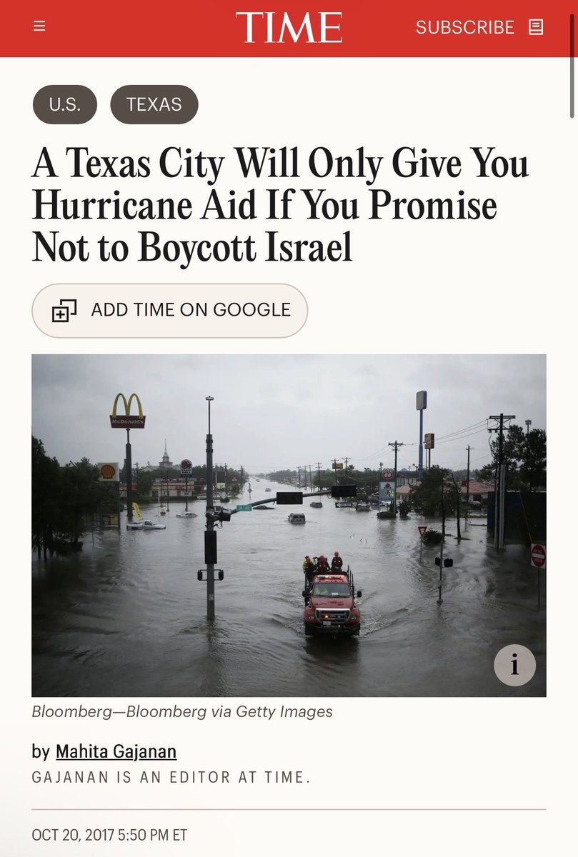 As a result, Americans in multiple Texas cities impacted by hurricane Harvey were required to sign a pledge that they would not boycott Israel in order to receive disaster aid. The pledge eventually removed for homeowners after public outrage, however it remains in place for