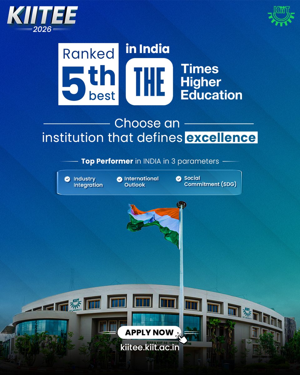 Ranked among the Top 5 universities in India by Times Higher Education, we continue to set benchmarks in Industry Integration, International Outlook and Social Commitment.

Begin your journey of excellence with KIITEE 2026.
Apply now: kiitee.kiit.ac.in