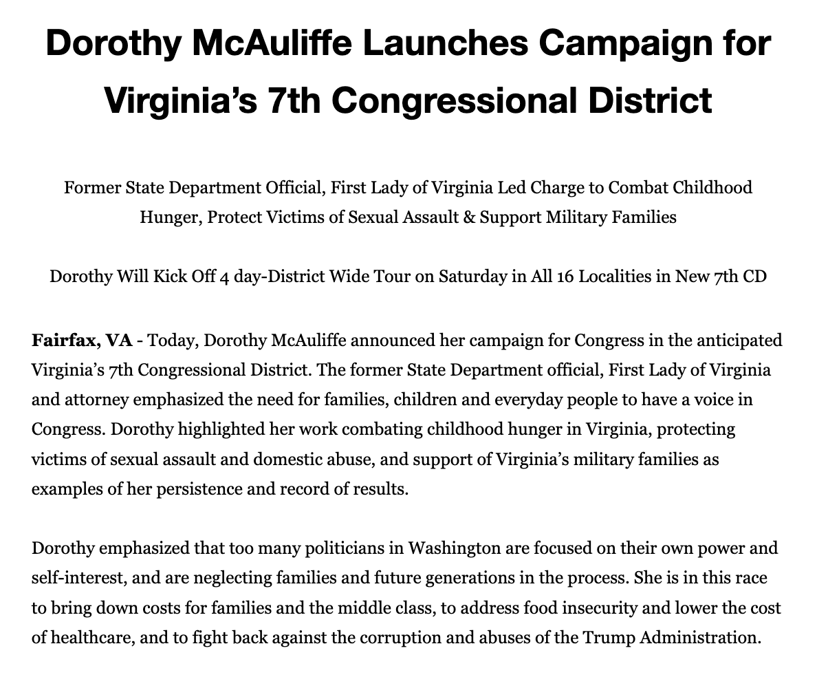 JaredSerre's tweet image. INBOX: Dorothy McAuliffe, a McLean resident and former first lady of Virginia, is running in the new 7th Congressional District.

She joins a field that includes Del. Dan Helmer, former federal prosecutor JP Cooney and others.