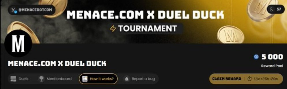 I'm excited to announce that the <a href="/menacedotcom/">Menace.com</a> $5,000 Mentionboard is now live on <a href="/duel_duck/">Duel Duck</a>!

<a href="/menacedotcom/">Menace.com</a> is launching a high-performance crypto gaming hub built for Solana's speed. They've integrated 10,000+ games plus exclusive Menace originals into a fast, responsive stack