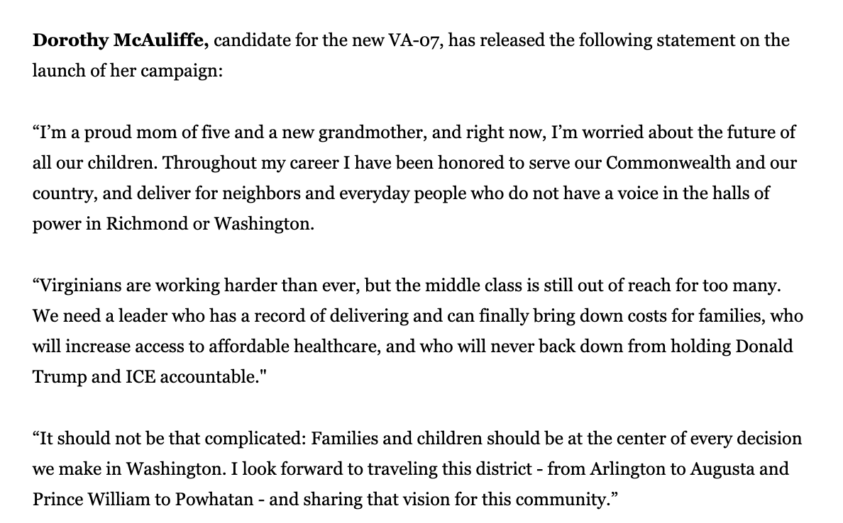 JaredSerre's tweet image. INBOX: Dorothy McAuliffe, a McLean resident and former first lady of Virginia, is running in the new 7th Congressional District.

She joins a field that includes Del. Dan Helmer, former federal prosecutor JP Cooney and others.