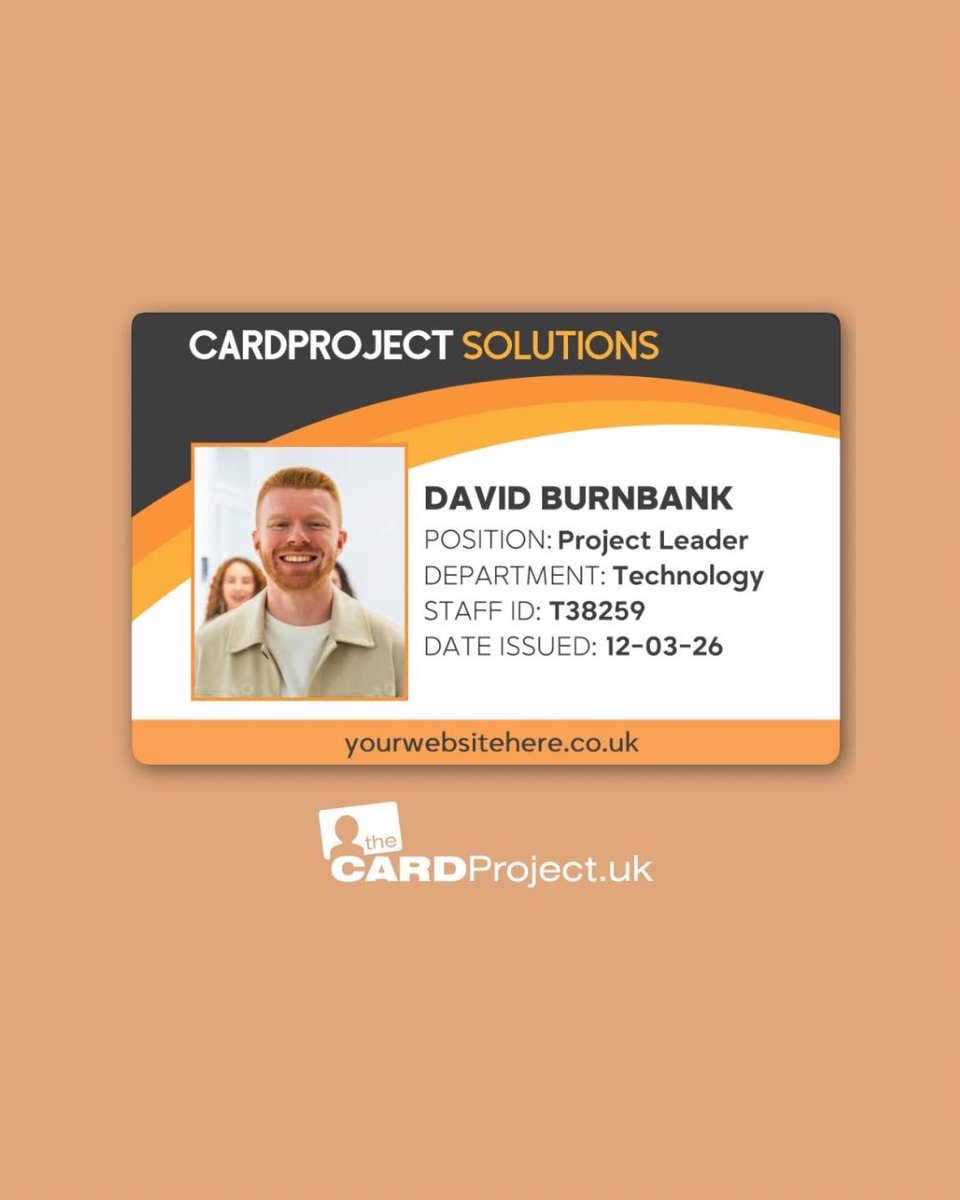 Personalised Staff Photo ID Card 🧡🖤

• Add name, company, role, department, staff ID &amp; more
• Live preview while you design
• Printed single-sided on biodegradable PVC (credit-card size)
• Dispatched within 24 hours (Mon–Fri)