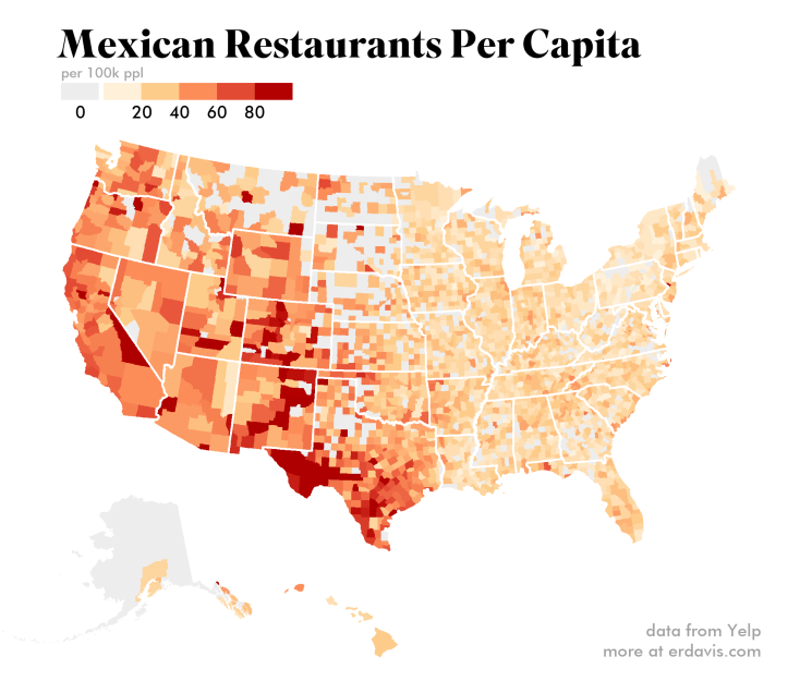vintagemapstore's tweet photo. Mexican restaurants per capita in USA.

Tacos first appeared in a US newspaper in 1905 - back then, they were considered a lower-class street food, sold on the streets by Mexican immigrants who'd come to work in mines, railroads, and similar jobs.

Map Via: https://t.co/whuFHpXpIR / Data Stuff