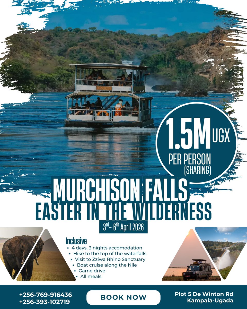 FolkTrekUganda's tweet photo. Escape to the wild this Easter!
Experience the power of Murchison Falls
3rd–6th April 2026
✔ 4 days, 3 nights
✔ All meals
✔ Zziwa Rhino Sanctuary
✔ Boat cruise &amp; game drive

1.5M UGX per person (sharing)

Don’t miss out — secure your Easter adventure today! Book Now! https://t.co/zM1VsLK9tB