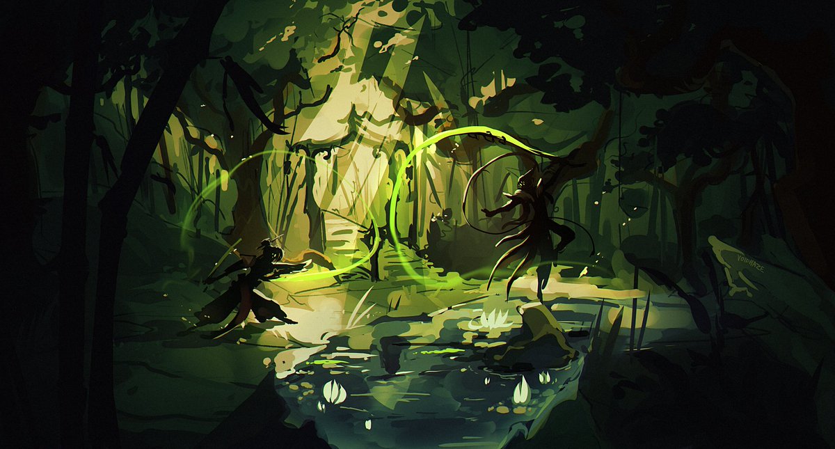 voidh4ze's tweet image. Riverside sparring session

I once did a tiny little landscape sketch and vibed so hard that i made a whole cool artwork out of it.  As you can see, a little spar between Jinrai and Yi! 
#loloc #ArtofLegends #MasterYi