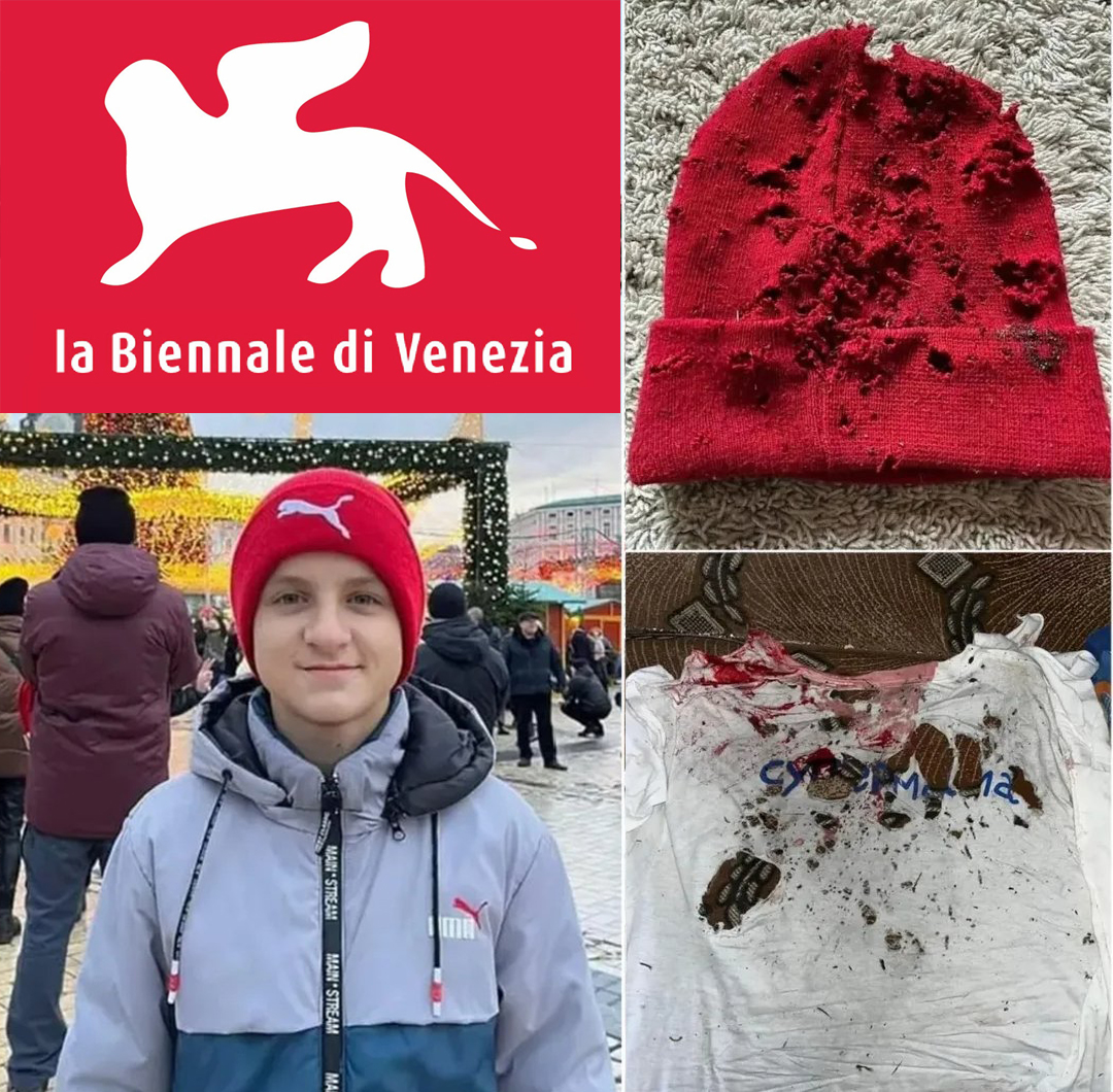 In foto: Yelisey Ryabokon, 13 anni, ucciso dai soldati russi mentre cercava di scappare da Peremoha. La sua unica “colpa”: essere civile.
Trovo scandaloso che la Russia possa partecipare alla Biennale di Venezia, quando la loro unica arte è crivellare bambini. 
<a href="/la_Biennale/">La Biennale di Venezia</a>