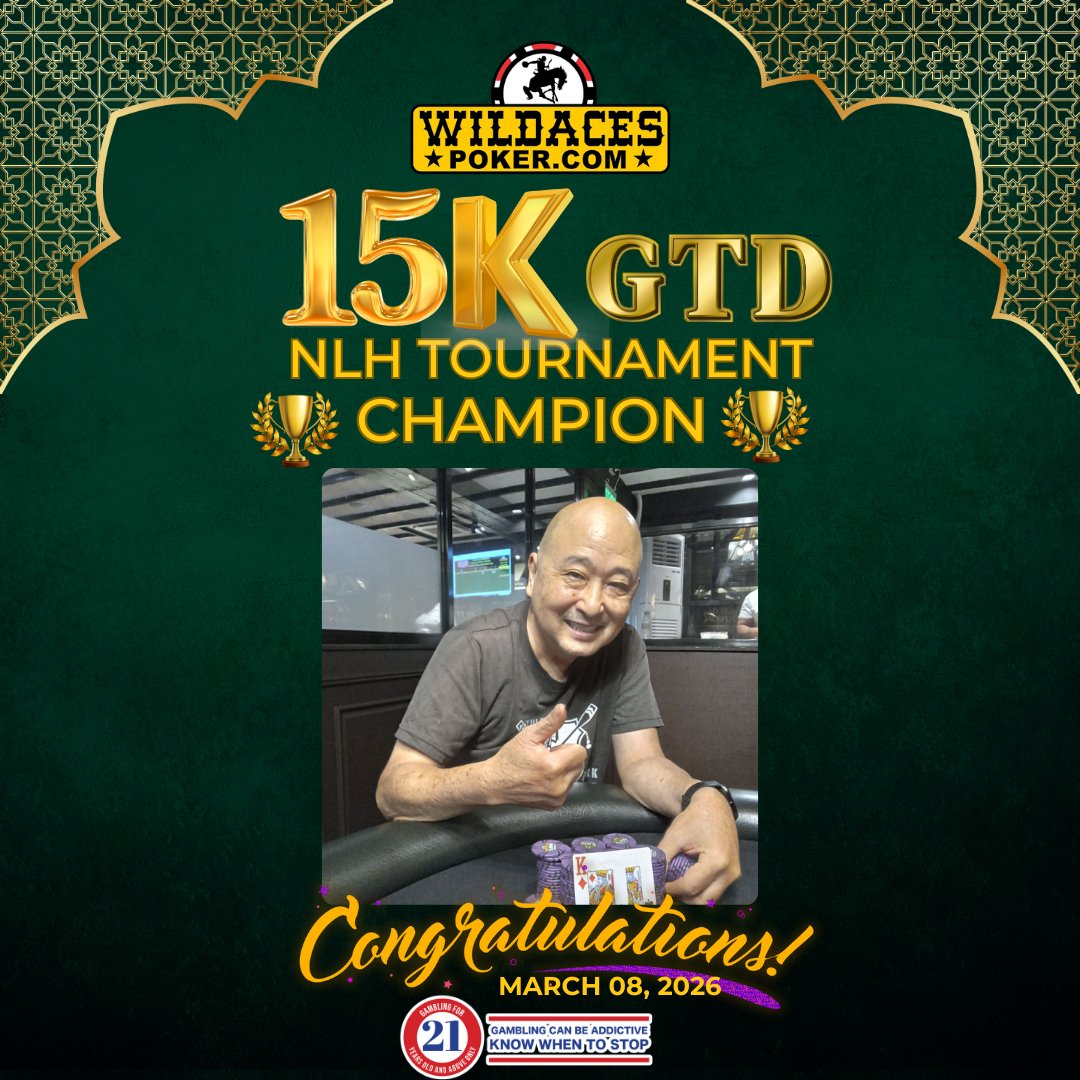 wildacespoker's tweet photo. 15K GTD NLH TOURNAMENT (37)  
 MARCH 11, 2026     

 CONGRATULATIONS!!        

🏆1st Place: MR. WADE KUROIWA (USA) - 900pts  
  
See you in the next Tournament!!!   

 #WildAces #15kGtdpokertournament #thebestpokerroominangelescity #wildacespokersportsclub https://t.co/9NcYzfe0Ee