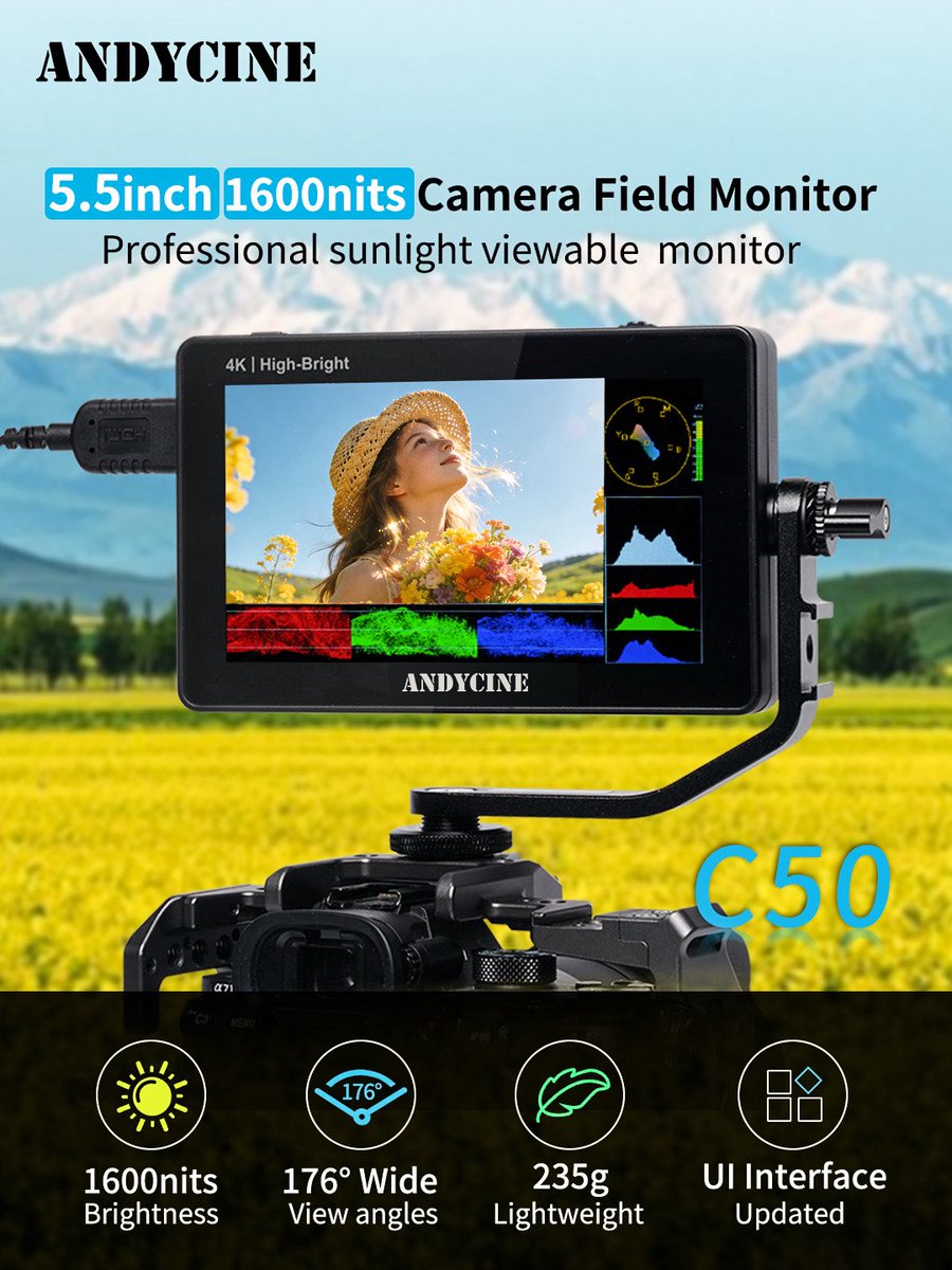 andyzhuang85's tweet image. 📸 Ready to level up your video content? Meet the ANDYCINE C50!

- 5.5inch 1600nits brightness

- Built-in waveform, false color, histogram

#ANDYCINE #AndycineC50 #ContentCreator #VloggingGear #Filmmaking #Monitor #CreatorLife #NewRealease #NewGear #andycinemonitor #andycine4k