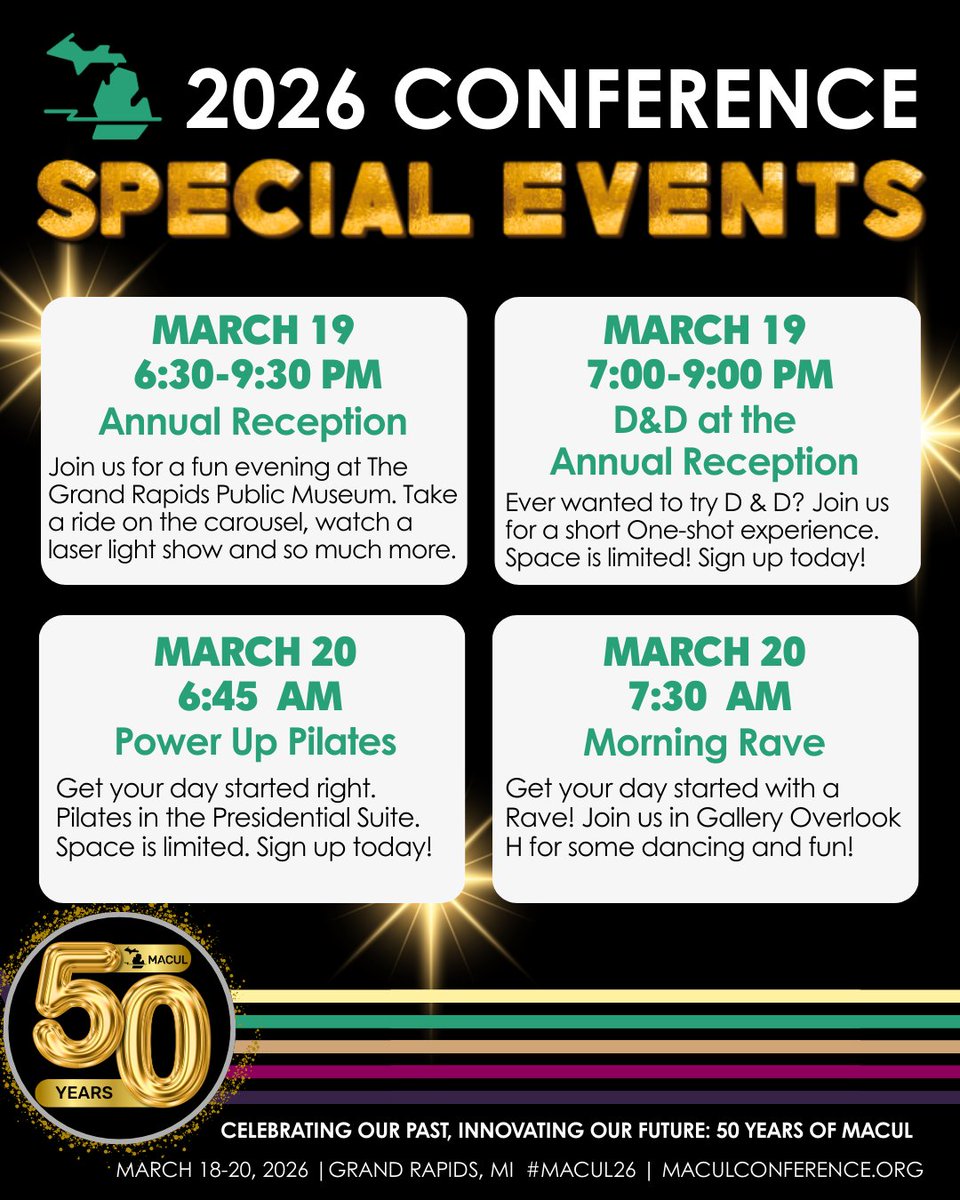 MACUL's tweet photo. Don't just attend #MACUL26—experience it! 

🏛️ Annual MACUL Reception at the Museum
🎲 D&amp;D -  sign up  https://t.co/nBfHdSKVIM 
🧘 Sunrise Pilates - sign up https://t.co/CyB5wmOB0D 
💃 Morning Rave

Celebrate 50 years of #macul with us!
https://t.co/MVwgYtzHon

#50YearsOfMACUL https://t.co/9416Yv8SJ4