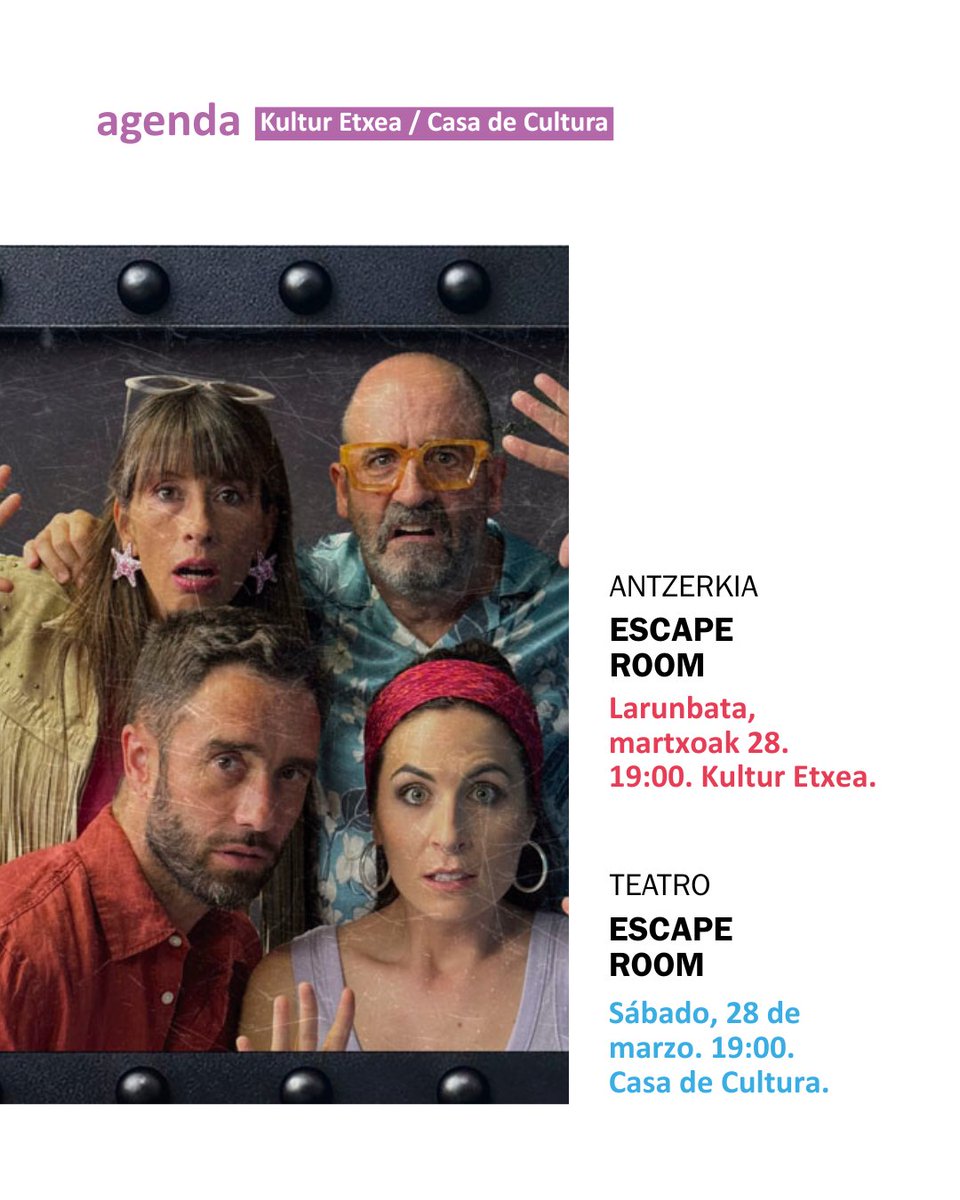 ANTZERKIA
SCAPE ROOM
huarte.es/eu/eventos/tea…

TEATRO
SCAPE ROOM
huarte.es/eu/eventos/tea…