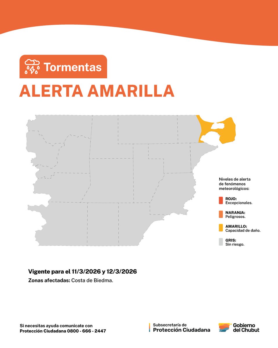 DcChubut's tweet photo. ❗ Actualización alerta amarilla por tormentas, prevista para la noche del miércoles 11 hasta madrugada de jueves 12 de marzo.

📍Las zonas serán afectadas por tormentas aisladas de variada intensidad, algunas localmente fuertes. https://t.co/S3R75rlyWE