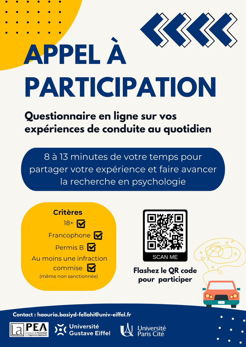 haouriabf's tweet photo. 📢 Appel à participation - recherche doctorale en psychologie / conduite automobile 🚗 🧠

Je mène une étude sur la mémoire de situations vécues au volant. 

🕒 8 à 13 minutes en ligne.
🔗 https://t.co/5dSlLo5ycT

Merci pour votre aide et vos RT ! 🙏🏽😊

 #voiture #route #permisB https://t.co/G8o1UuFUAF
