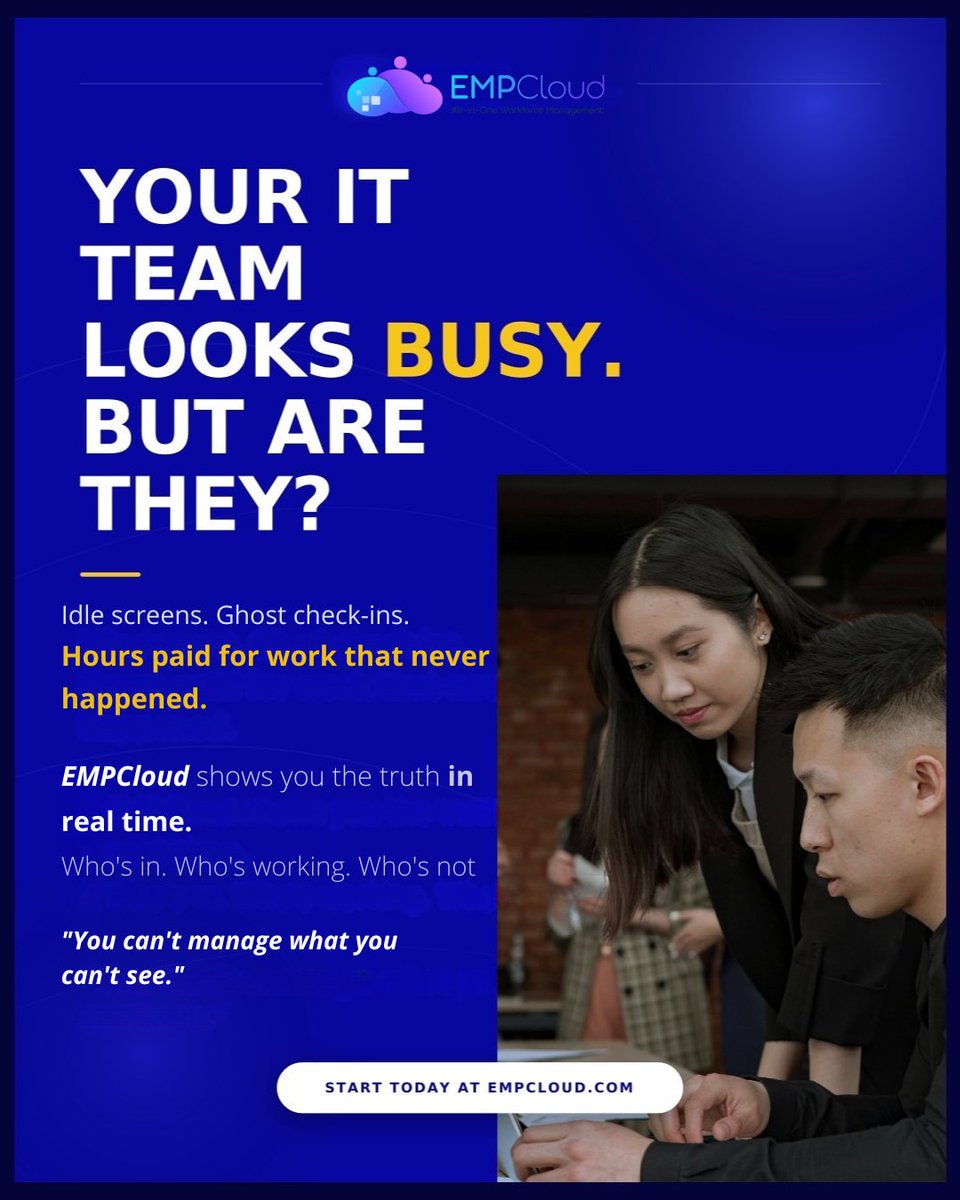 Emp_Cloud's tweet image. Is your IT team really busy? 🤔 Idle screens, ghost check-ins, hours paid for work that never happened? 

EMPCloud shows the truth in real-time. Know who's working &amp;amp; who's not. 

Start today! empcloud.com

#WorkforceManagement #EmployeeTracking #Productivity #EMPCLOUD