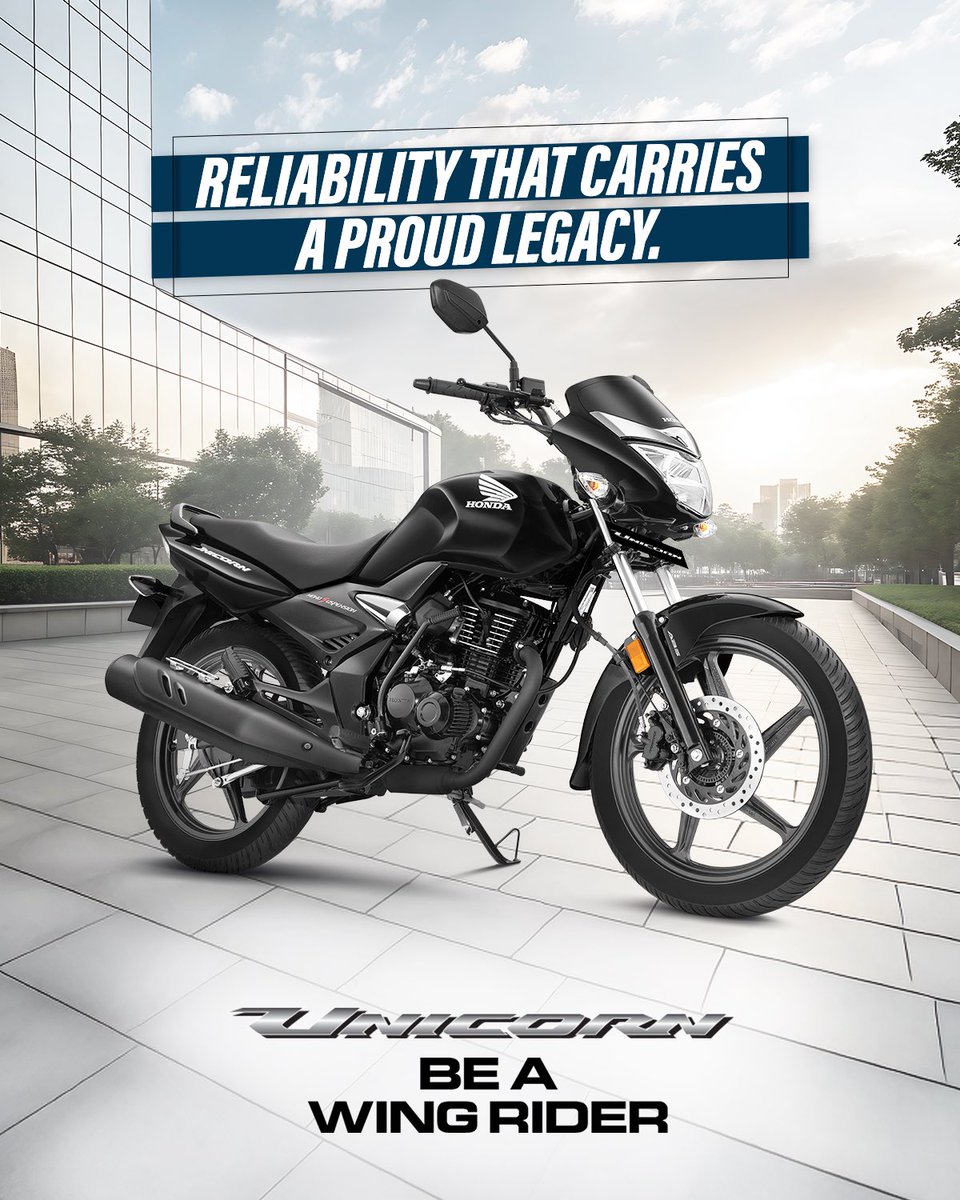 honda2wheelerin's tweet photo. When it comes to trust and dependability, few two-wheelers match the Honda Unicorn. For over two decades, it has stood as a symbol of Honda’s reliability, performance and enduring quality. Be a Wing Rider. 

#Honda #Honda2Wheelers #ThePowerOfDreams #Unicorn #BeAWingRider https://t.co/W1NZH0E5O6