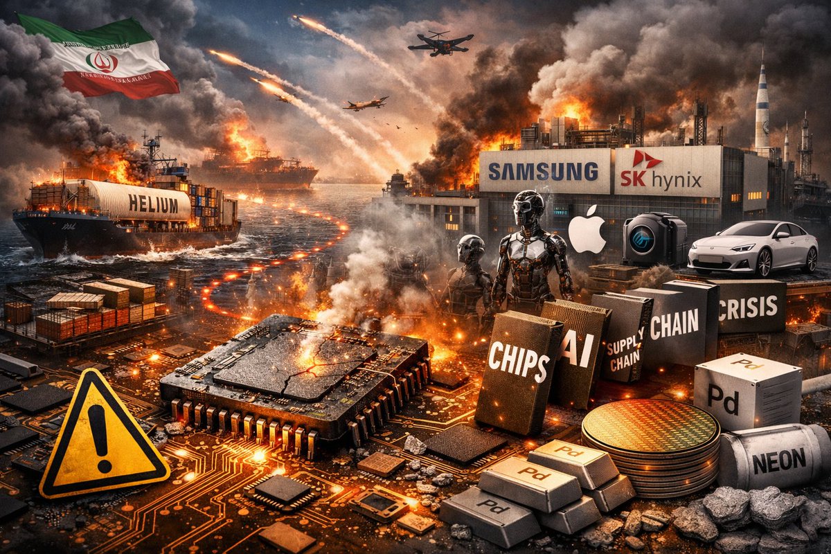 younoticed's tweet photo. 🚨 Helium - Die gesamte Chipindustrie steht kurz vor einer massiven Krise – und kaum jemand spricht darüber

Kein Helium. 
Keine Halbleiter. 
Keine Smartphones. Keine KI.

Samsung und SK Hynix haben bereits höchste Alarmstufe ausgerufen. Heliumtransporter meiden den Golf – eine Route, über die ein Großteil der Versorgung läuft.

Die Folgen sind gravierend:

→ Helium kühlt die Anlagen in Chipfabriken
→ Ohne diese Kühlung können sie nicht arbeiten
→ Helium ist in diesem Prozess praktisch nicht ersetzbar
→ Frachter auf den wichtigen Golfrouten stehen zunehmend unter Beschuss
→ Südkorea produziert rund 60 % der weltweiten Speicherchips
→ Samsung und SK Hynix beliefern Apple, Nvidia, Tesla und große KI-Unternehmen

Der Dominoeffekt beginnt:

→ Heliumlieferungen brechen weg
→ Chipfabriken drosseln binnen Tagen die Produktion
→ Nvidia bekommt zu wenig Speicherchips
→ KI-Rechenzentren fehlen GPUs
→ Apple baut weniger iPhones
→ Tesla weniger Autos
→ Server, Laptops und Smart-Geräte verzögern sich weltweit

Eine 600-Milliarden-Dollar-Industrie gerät ins Stocken.

Der Chipmangel 2021 entstand durch COVID-bedingte Produktionsprobleme.
Diesmal ist es geopolitisch: Rohstoffe erreichen die Fabriken schlicht nicht mehr.

Und Helium ist nur ein Teil des Problems. Auch Neon und Palladium – essenzielle Materialien für die Chipproduktion – sind betroffen.

Keine Rakete musste eine Fabrik treffen.
Es reicht, die Handelsrouten so unsicher zu machen, dass niemand sie mehr nutzt.

Das globale KI-Wettrennen, der Chipkonflikt mit China und die Billionen-Dollar-Technologiewirtschaft hängen derzeit von einem Gas ab, das kaum noch geliefert werden kann. 🚢⚠️