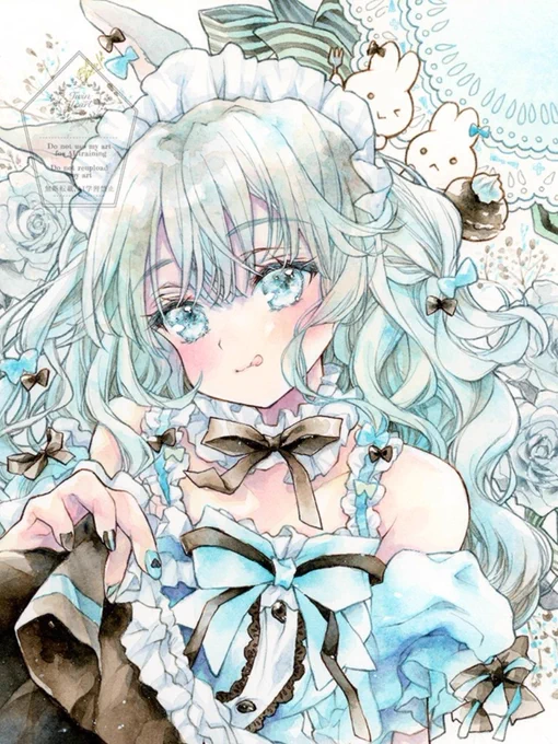 ミントの日(昨日)乗り遅れちゃったけど…チョコミントうさメイドちゃん 過去絵アップ #透明水彩 #創作イラスト