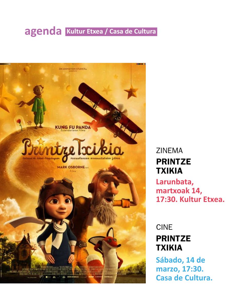 ZINEMA
PRINTZE TXIKIA 
huarte.es/eu/eventos/cin…

CINE
PRINTZE TXIKIA 
huarte.es/eventos/cine-p…