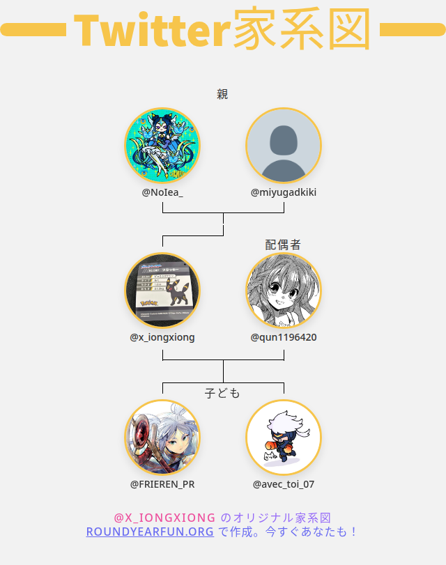 👨‍👩‍👧‍👦 私のTwitter家族:
👫 親: <a href="/NoIea_/">ごとうのれあ👿</a> <a href="/miyugadkiki/">€</a>
👰 配偶者: <a href="/qun1196420/">泉</a>
👶 子ども: <a href="/FRIEREN_PR/">『葬送のフリーレン』公式</a> <a href="/avec_toi_07/">きつね</a>

➡️ infinitetweet.me/family-tree