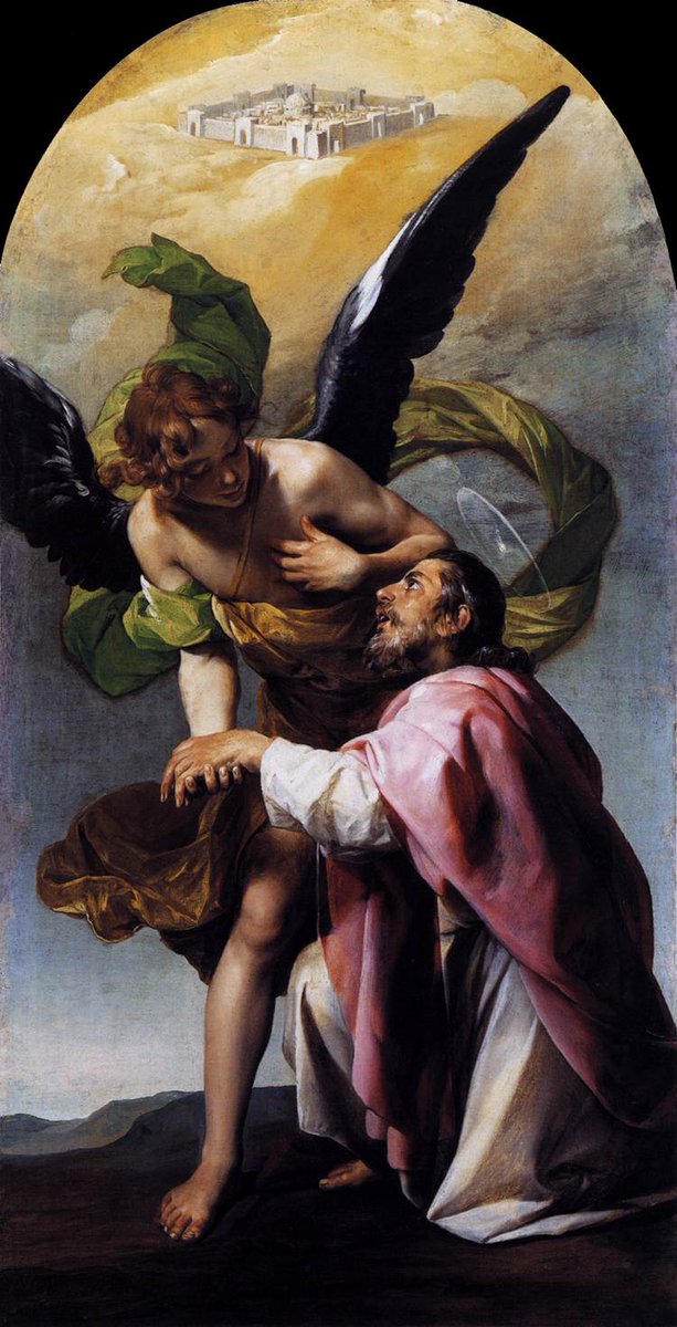 Lografik's tweet photo. Alonso Cano, peintre, architecte et sculpteur baroque espagnol du "Siècle d'Or", originaire de Grenade (1601-1667) 
"Vision de Saint-Jean"
("Saint John the Evangelist's Vision of Jerusalem")
Entre 1636 et 1637
Huile sur toile
83 x 44 cm
Wallace Collection, Londres https://t.co/FphSVpw1io