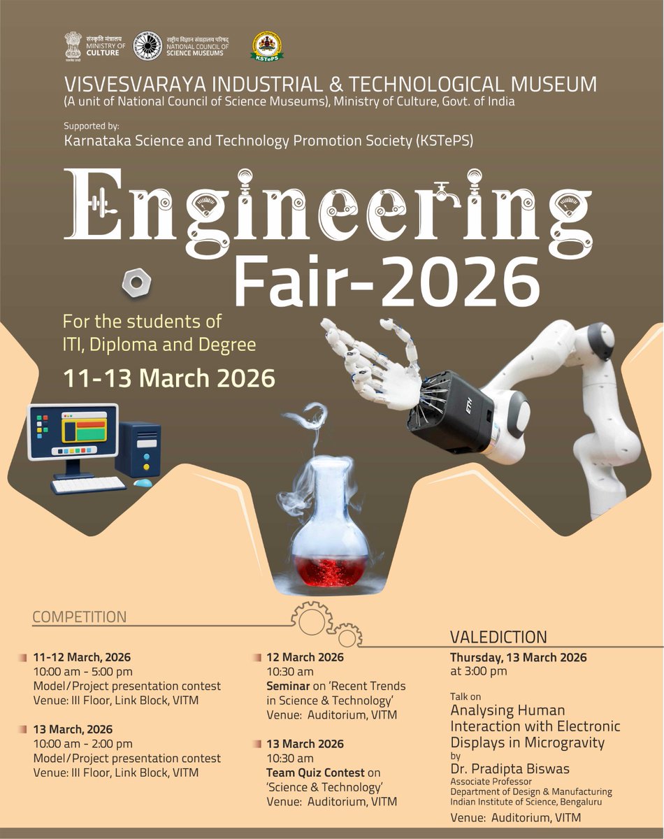 ncsmgoi's tweet image. ⚙️ Join us for Engineering Fair 2026 at @vismuseum, a unit of @ncsmgoi, @MinOfCultureGoI, — a dynamic gathering of student innovators, technology enthusiasts, and creative engineering ideas.

📅 11–13 March 2026

#EngineeringFair #FutureEngineers #TechInnovation #VITM #NCSM