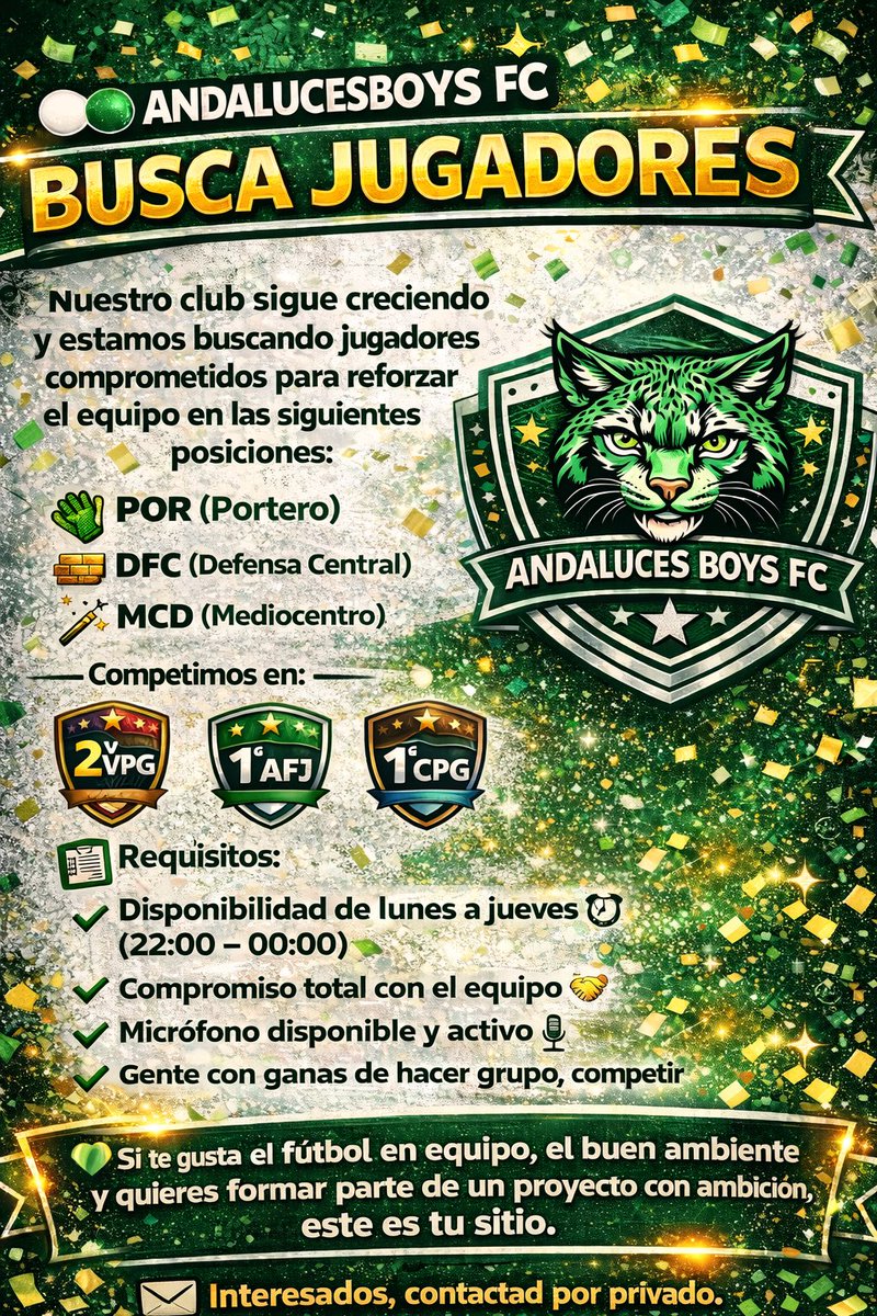 andalucesboys's tweet photo. ¡Seguimos buscando jugadores para ampliar nuestra plantilla!

Buscamos jugadores en las siguientes posiciones:

-POR 🧤
-DFC 🧱
-MCD 🧭

Competimos en:

2ª VPG
1ª AFJ
1ª CPG https://t.co/JDwy9BWWyj
