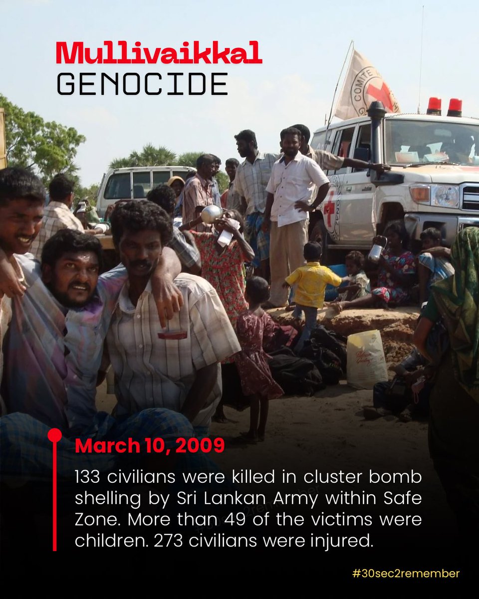30sec2remember's tweet photo. March 10, 2009: #MullivaikkalGenocide 🚨

133 civilians were killed in cluster bomb shelling by Sri Lankan Army within Safe Zone. More than 49 of the victims were children. 273 civilians were injured.

#30sec2remember
#Mullivaikkal #Genocide https://t.co/MkA8GEIPa0