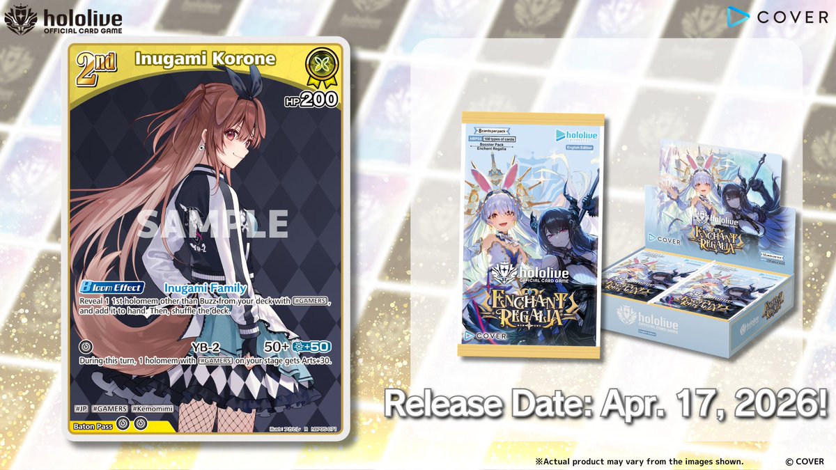 【#hOCG Card Reveal】
Introducing a card from the Booster Pack Enchant Regalia, releasing on Friday, April 17!

This time, it’s 2nd holomem Inugami Korone🥐!

🔽 Product Details:
en.hololive-official-cardgame.com/products/post/…

#hololive #InugamiKorone