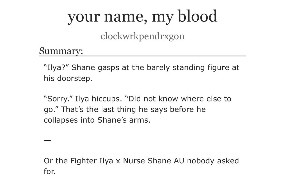FIGHTER ILYA X NURSE SHANE 🚨🚨🚨

ahh another amazing fic by <a href="/clockwrkpendrgn/">gem 📨🕸️🏒</a> that I just finished reading

archiveofourown.org/works/74258571…